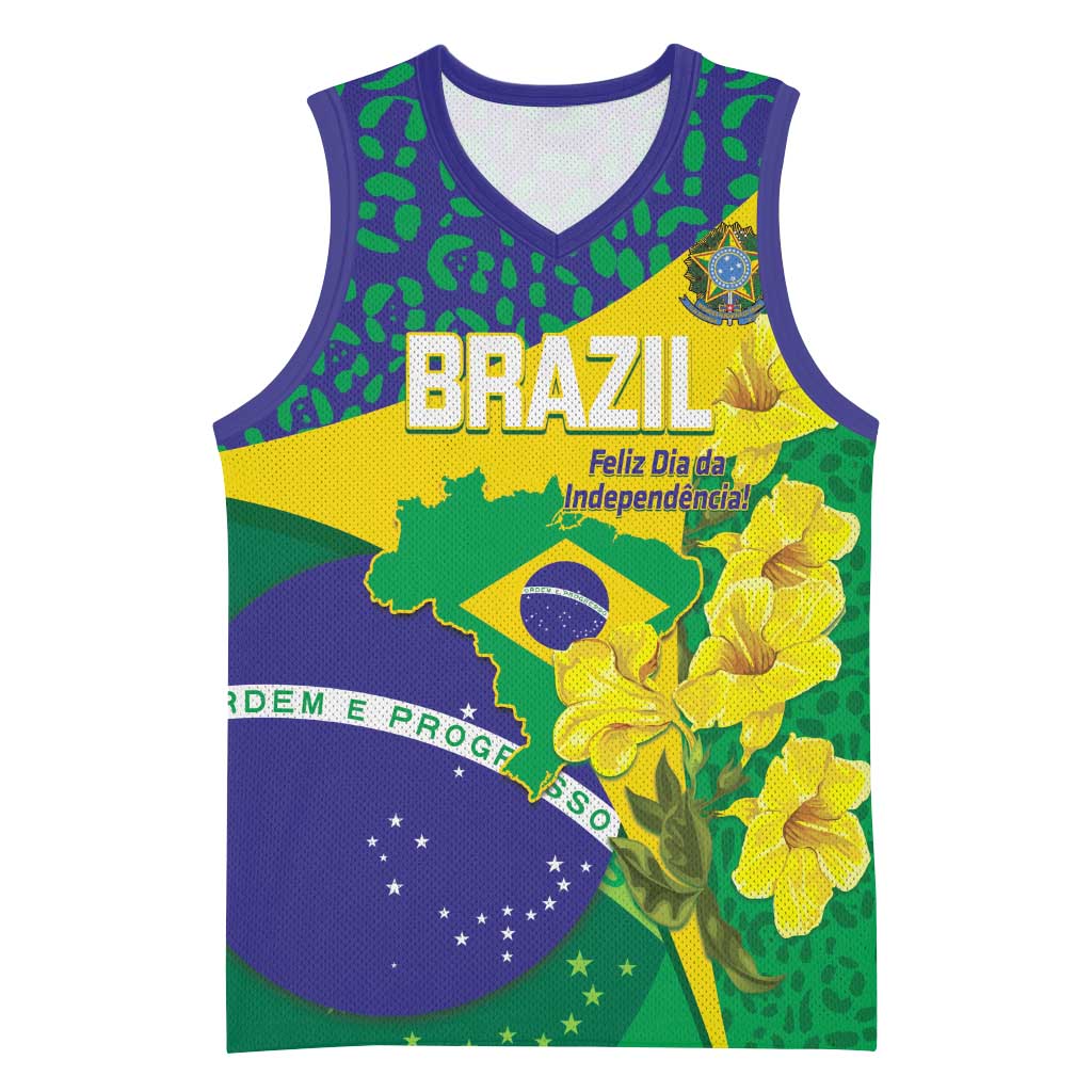 Brazil Independence Day Basketball Jersey Ordem e Progresso Map With Golden Trumpet - Wonder Print Shop