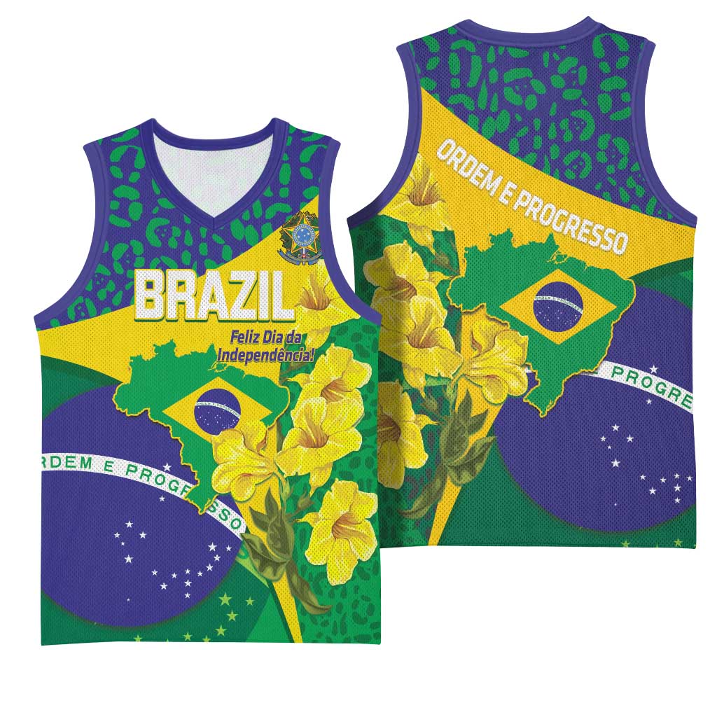 Brazil Independence Day Basketball Jersey Ordem e Progresso Map With Golden Trumpet - Wonder Print Shop