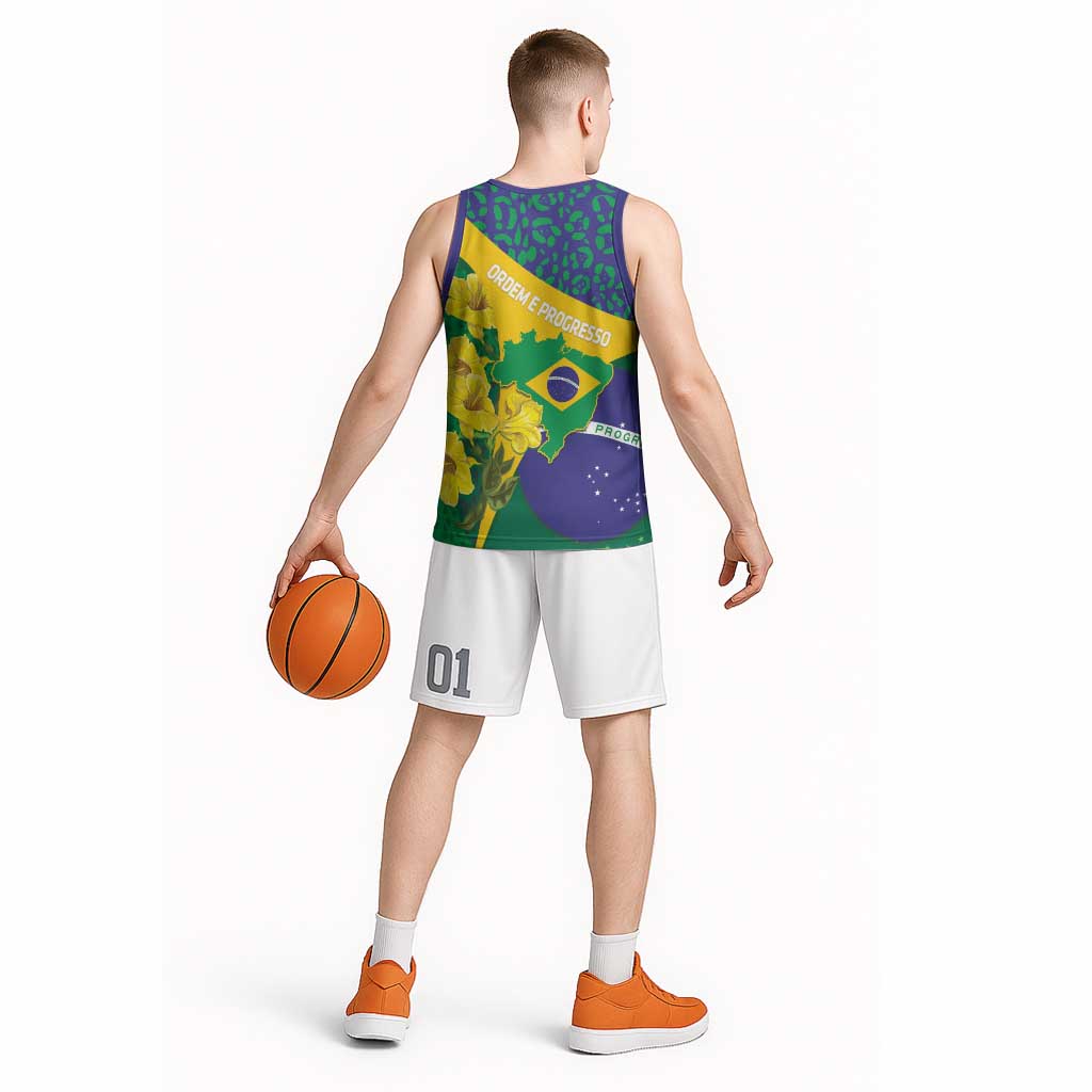 Brazil Independence Day Basketball Jersey Ordem e Progresso Map With Golden Trumpet - Wonder Print Shop