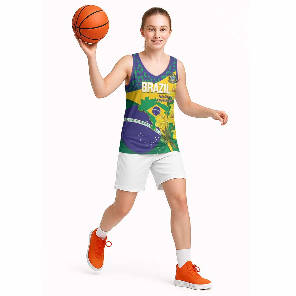 Brazil Independence Day Basketball Jersey Ordem e Progresso Map With Golden Trumpet - Wonder Print Shop