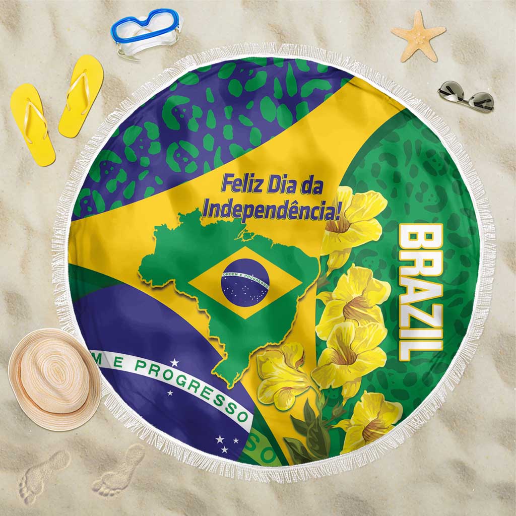 Brazil Independence Day Beach Blanket Ordem e Progresso Map With Golden Trumpet - Wonder Print Shop