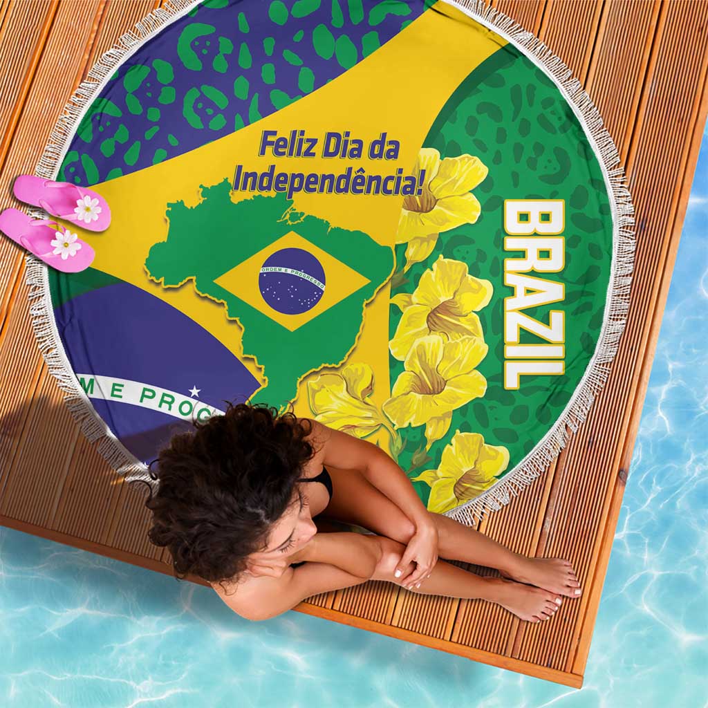 Brazil Independence Day Beach Blanket Ordem e Progresso Map With Golden Trumpet - Wonder Print Shop