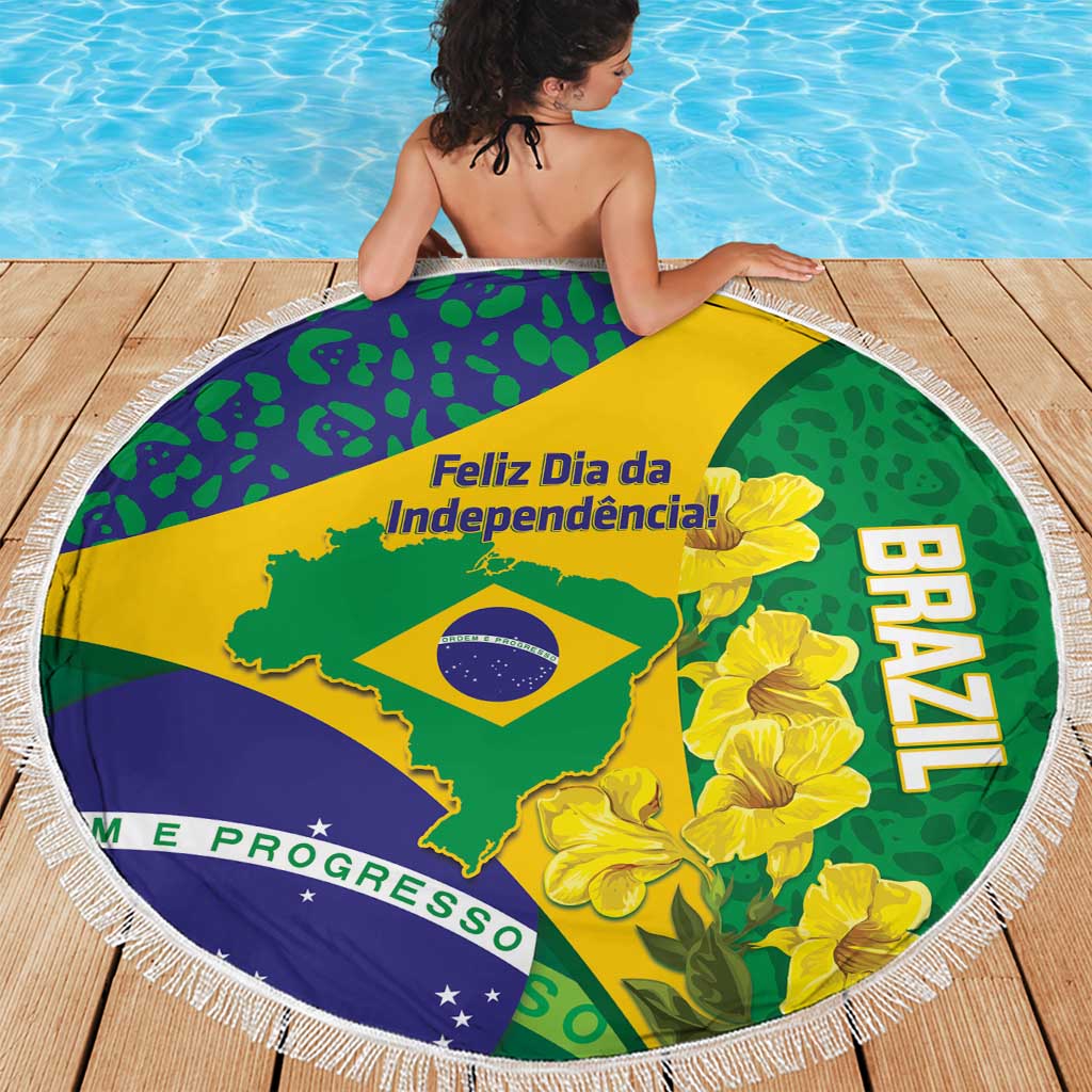 Brazil Independence Day Beach Blanket Ordem e Progresso Map With Golden Trumpet - Wonder Print Shop