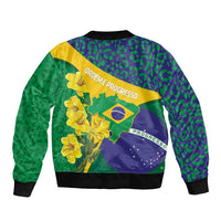 Brazil Independence Day Bomber Jacket Ordem e Progresso Map With Golden Trumpet - Wonder Print Shop