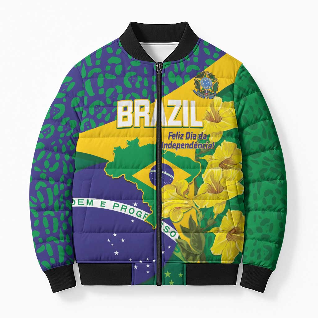Brazil Independence Day Bomber Puffer Jacket Ordem e Progresso Map With Golden Trumpet - Wonder Print Shop