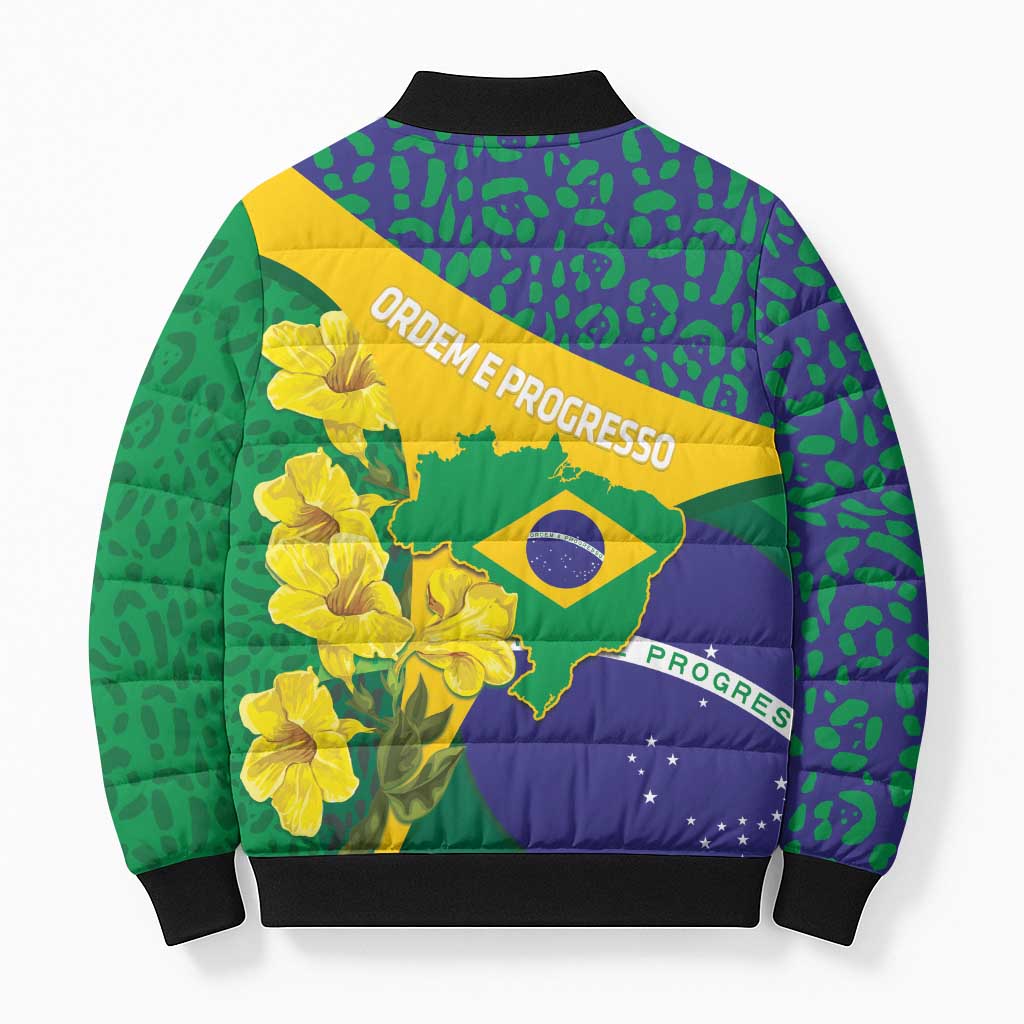 Brazil Independence Day Bomber Puffer Jacket Ordem e Progresso Map With Golden Trumpet - Wonder Print Shop