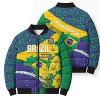 Brazil Independence Day Bomber Puffer Jacket Ordem e Progresso Map With Golden Trumpet - Wonder Print Shop