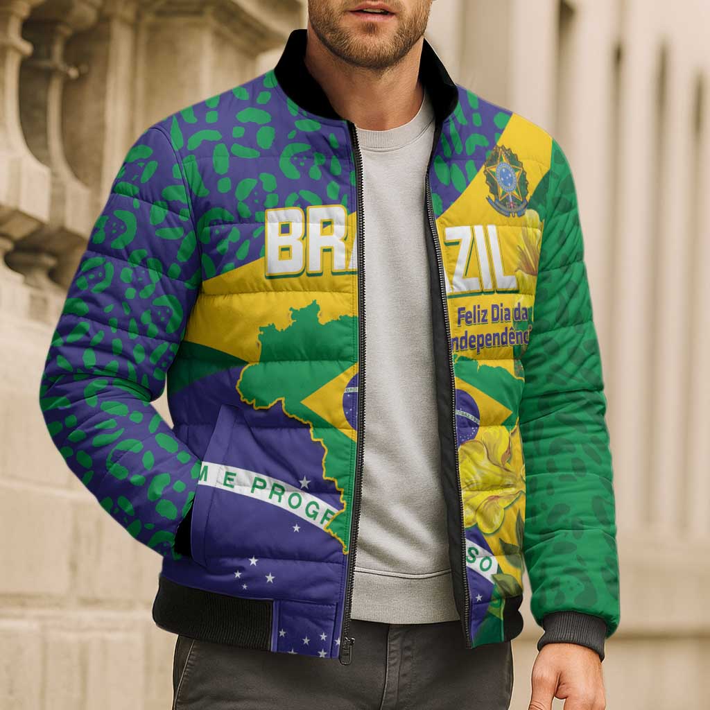 Brazil Independence Day Bomber Puffer Jacket Ordem e Progresso Map With Golden Trumpet - Wonder Print Shop