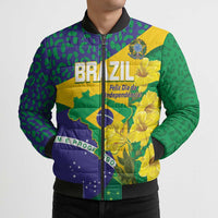 Brazil Independence Day Bomber Puffer Jacket Ordem e Progresso Map With Golden Trumpet - Wonder Print Shop