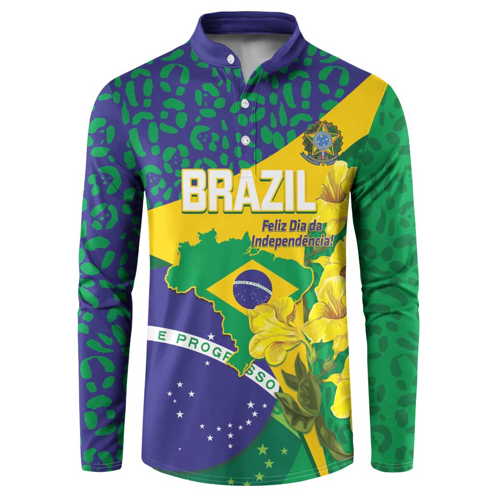 Brazil Independence Day Button Sweatshirt Ordem e Progresso Map With Golden Trumpet - Wonder Print Shop