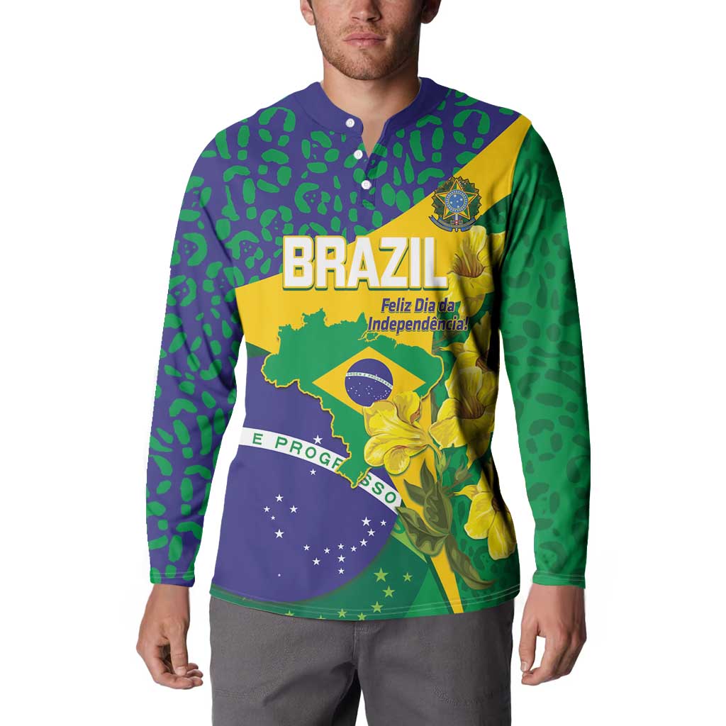 Brazil Independence Day Button Sweatshirt Ordem e Progresso Map With Golden Trumpet - Wonder Print Shop