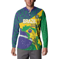Brazil Independence Day Button Sweatshirt Ordem e Progresso Map With Golden Trumpet - Wonder Print Shop