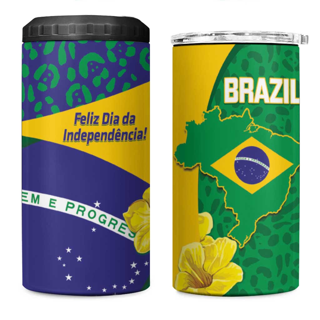Brazil Independence Day 4 in 1 Can Cooler Tumbler Ordem e Progresso Map With Golden Trumpet - Wonder Print Shop