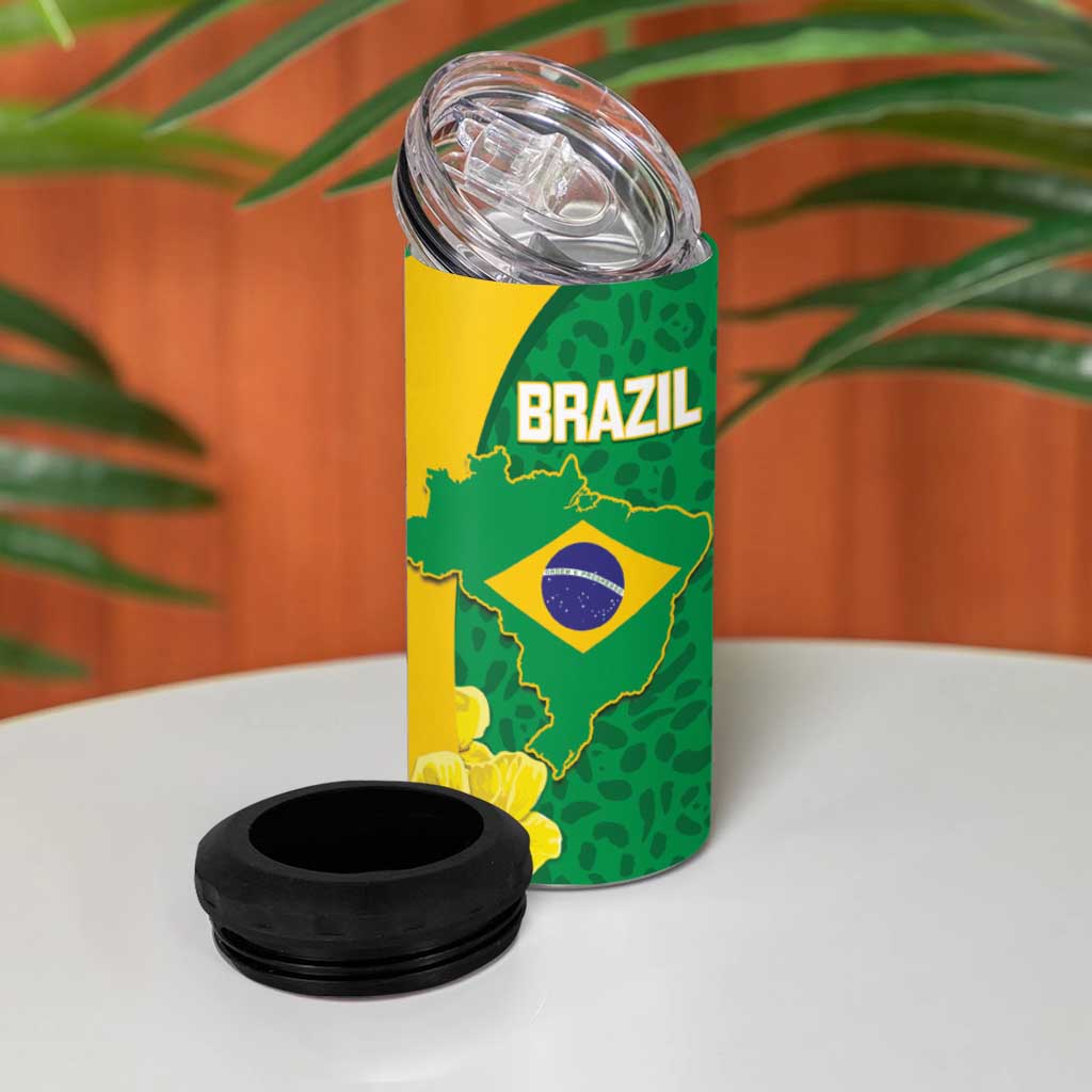 Brazil Independence Day 4 in 1 Can Cooler Tumbler Ordem e Progresso Map With Golden Trumpet - Wonder Print Shop
