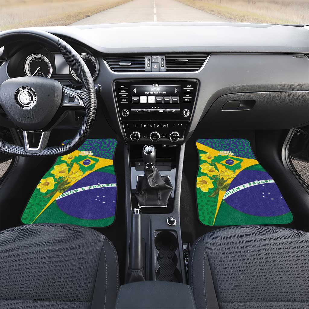 Brazil Independence Day Car Mats Ordem e Progresso Map With Golden Trumpet - Wonder Print Shop