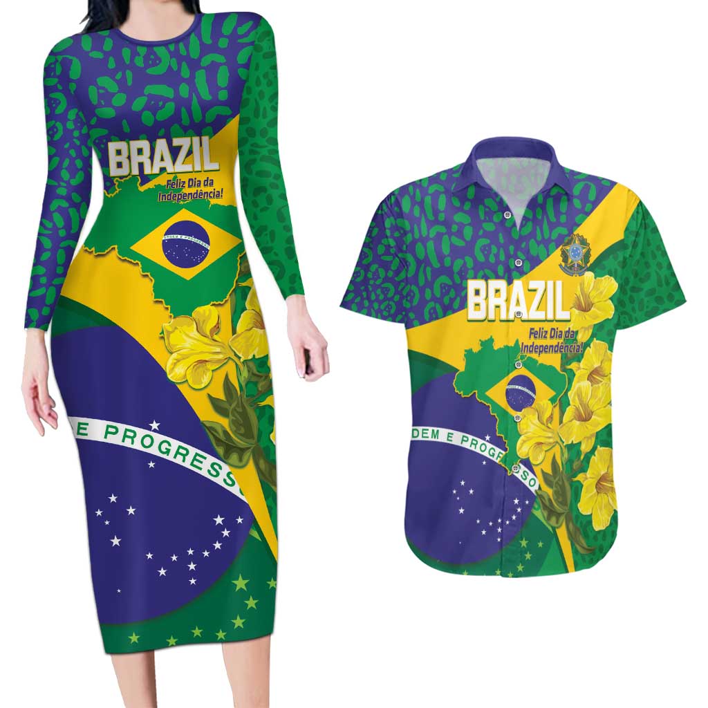 Brazil Independence Day Couples Matching Long Sleeve Bodycon Dress and Hawaiian Shirt Ordem e Progresso Map With Golden Trumpet - Wonder Print Shop