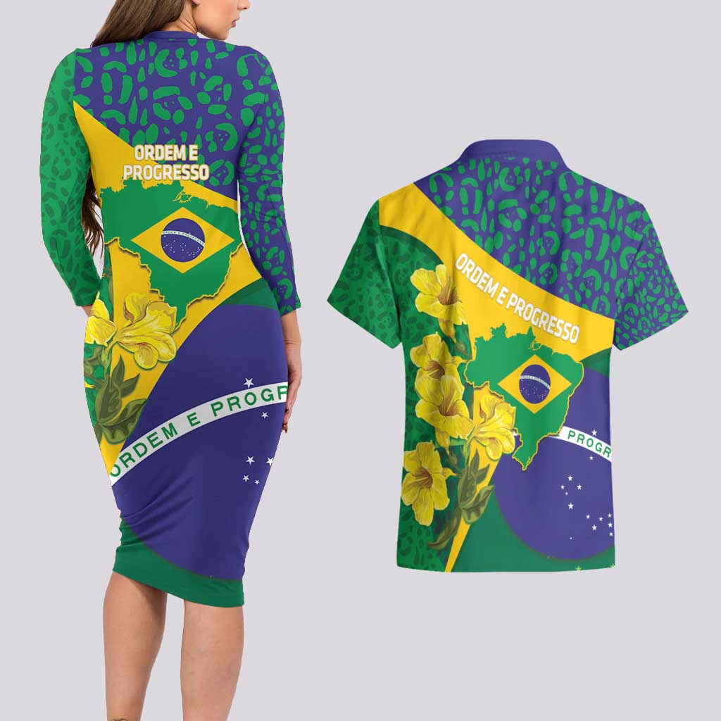 Brazil Independence Day Couples Matching Long Sleeve Bodycon Dress and Hawaiian Shirt Ordem e Progresso Map With Golden Trumpet - Wonder Print Shop