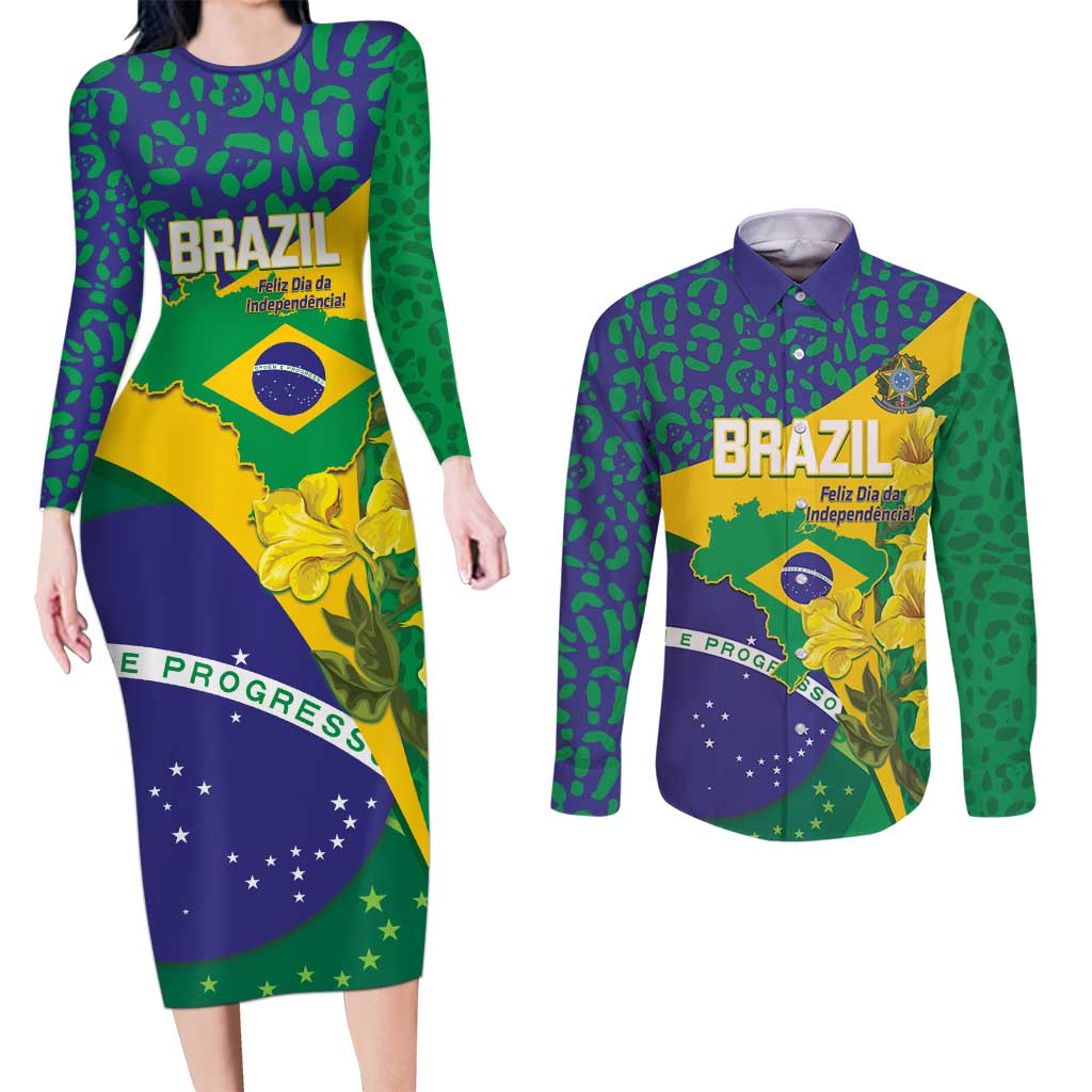 Brazil Independence Day Couples Matching Long Sleeve Bodycon Dress and Long Sleeve Button Shirt Ordem e Progresso Map With Golden Trumpet - Wonder Print Shop