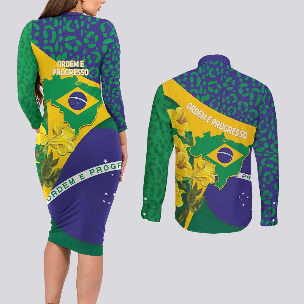 Brazil Independence Day Couples Matching Long Sleeve Bodycon Dress and Long Sleeve Button Shirt Ordem e Progresso Map With Golden Trumpet - Wonder Print Shop