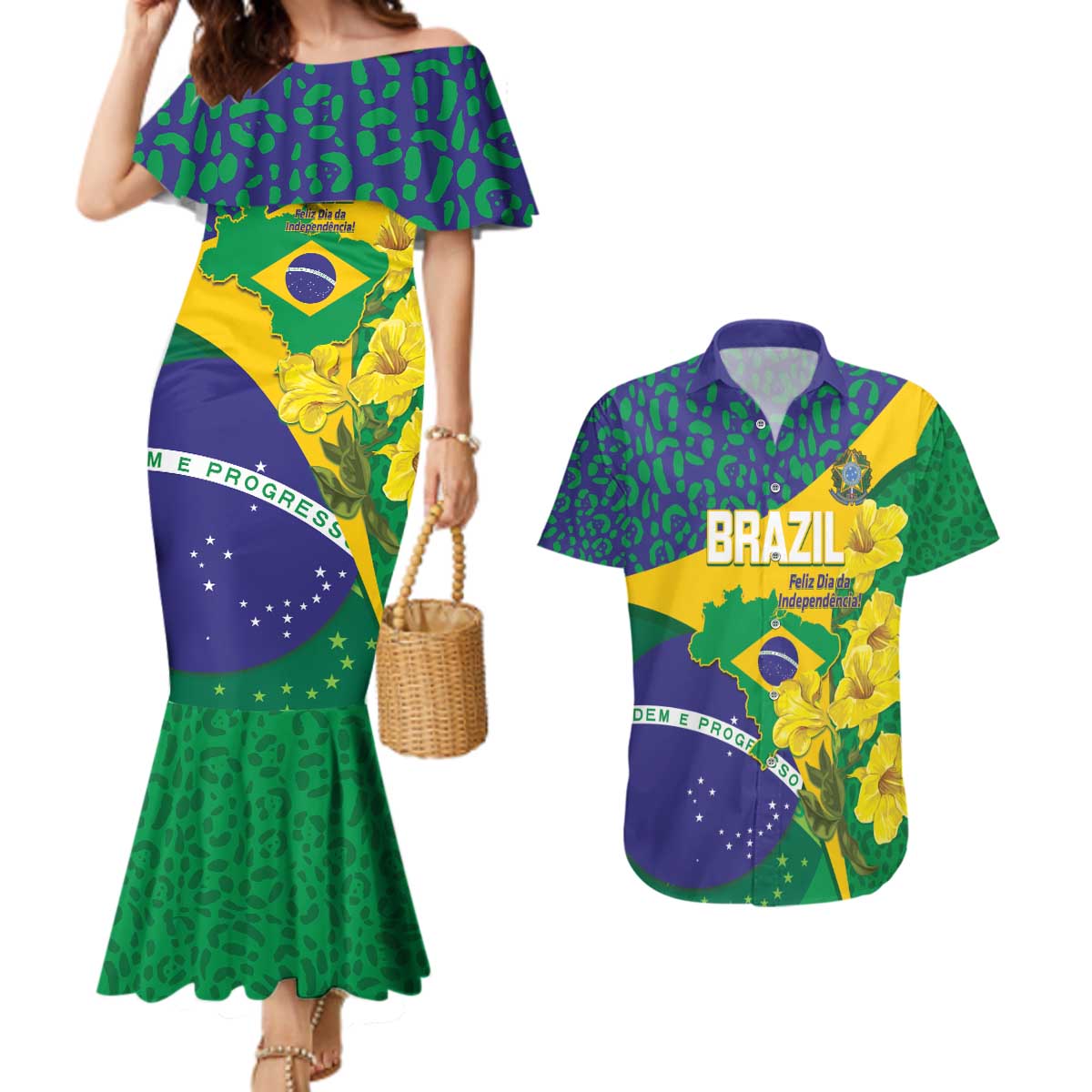 Brazil Independence Day Couples Matching Mermaid Dress and Hawaiian Shirt Ordem e Progresso Map With Golden Trumpet - Wonder Print Shop