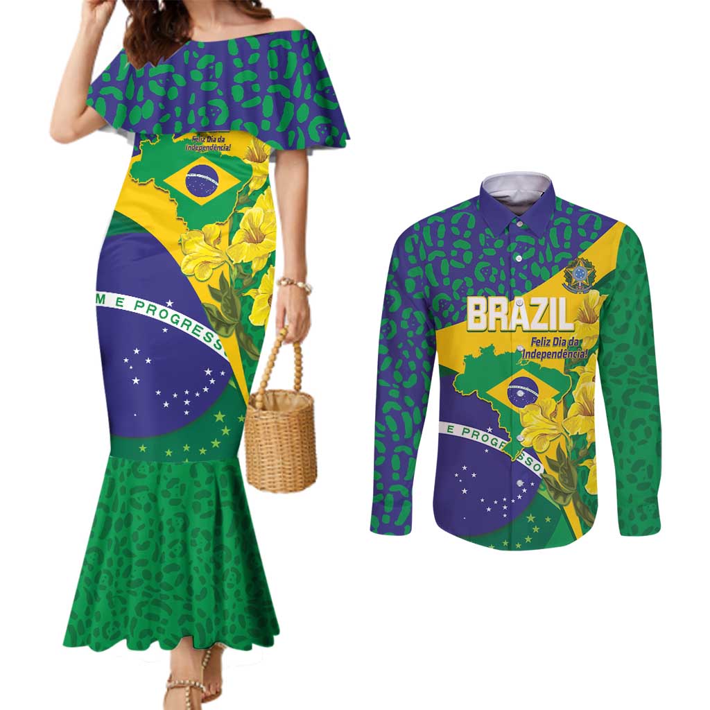 Brazil Independence Day Couples Matching Mermaid Dress and Long Sleeve Button Shirt Ordem e Progresso Map With Golden Trumpet - Wonder Print Shop