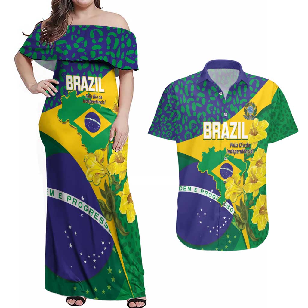 Brazil Independence Day Couples Matching Off Shoulder Maxi Dress and Hawaiian Shirt Ordem e Progresso Map With Golden Trumpet - Wonder Print Shop
