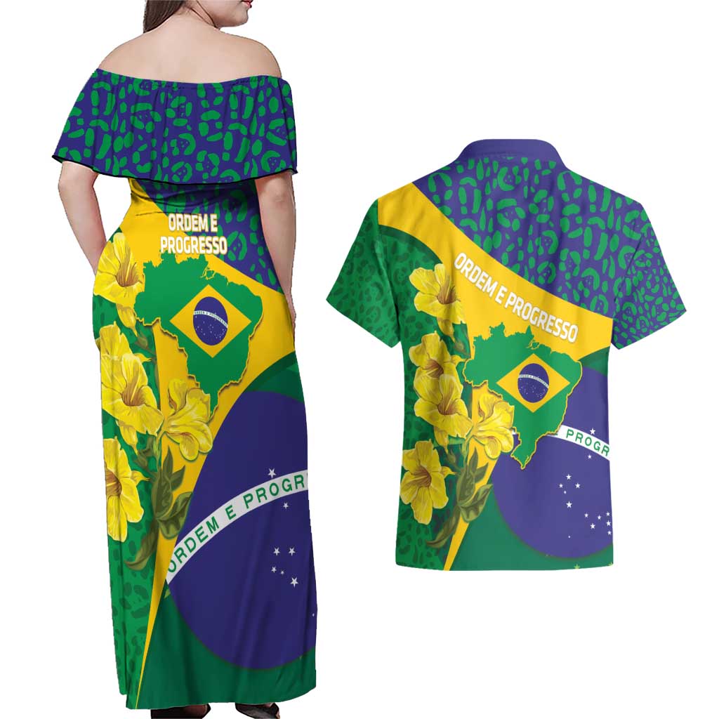 Brazil Independence Day Couples Matching Off Shoulder Maxi Dress and Hawaiian Shirt Ordem e Progresso Map With Golden Trumpet - Wonder Print Shop