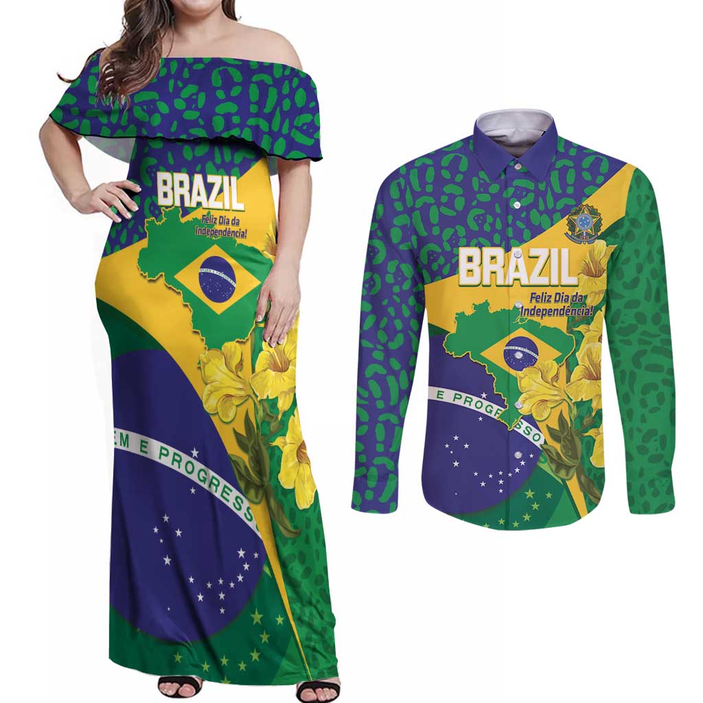 Brazil Independence Day Couples Matching Off Shoulder Maxi Dress and Long Sleeve Button Shirt Ordem e Progresso Map With Golden Trumpet - Wonder Print Shop