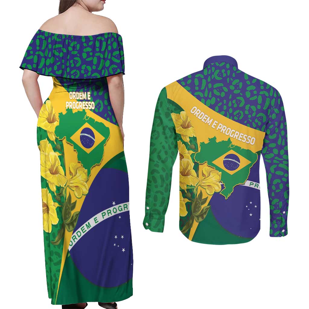 Brazil Independence Day Couples Matching Off Shoulder Maxi Dress and Long Sleeve Button Shirt Ordem e Progresso Map With Golden Trumpet - Wonder Print Shop