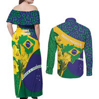 Brazil Independence Day Couples Matching Off Shoulder Maxi Dress and Long Sleeve Button Shirt Ordem e Progresso Map With Golden Trumpet - Wonder Print Shop