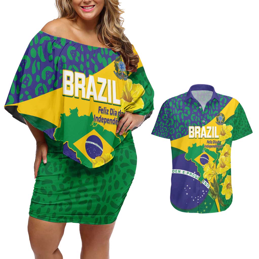Brazil Independence Day Couples Matching Off Shoulder Short Dress and Hawaiian Shirt Ordem e Progresso Map With Golden Trumpet - Wonder Print Shop