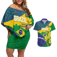 Brazil Independence Day Couples Matching Off Shoulder Short Dress and Hawaiian Shirt Ordem e Progresso Map With Golden Trumpet - Wonder Print Shop