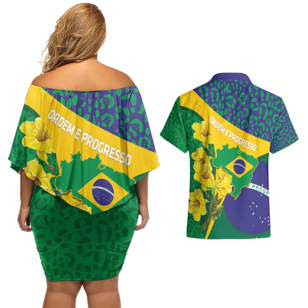 Brazil Independence Day Couples Matching Off Shoulder Short Dress and Hawaiian Shirt Ordem e Progresso Map With Golden Trumpet - Wonder Print Shop