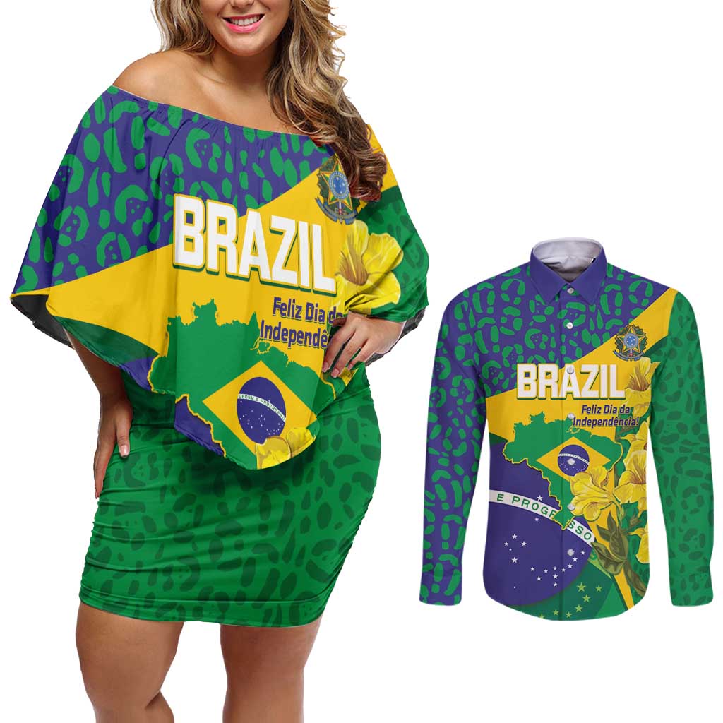 Brazil Independence Day Couples Matching Off Shoulder Short Dress and Long Sleeve Button Shirt Ordem e Progresso Map With Golden Trumpet - Wonder Print Shop
