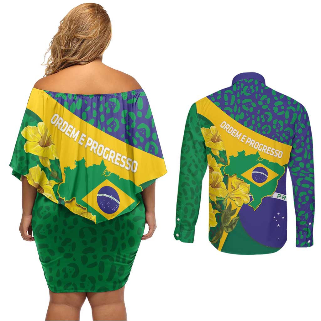 Brazil Independence Day Couples Matching Off Shoulder Short Dress and Long Sleeve Button Shirt Ordem e Progresso Map With Golden Trumpet - Wonder Print Shop
