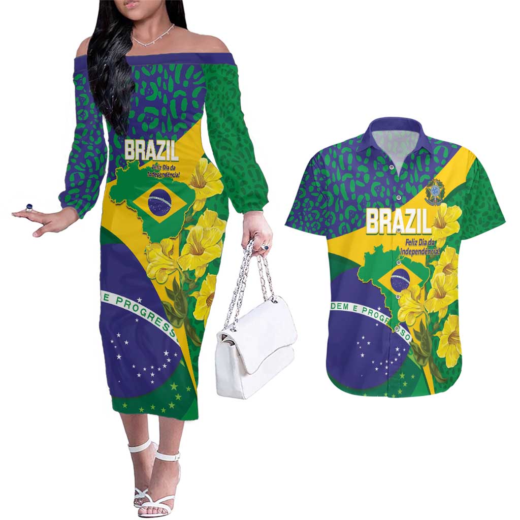 Brazil Independence Day Couples Matching Off The Shoulder Long Sleeve Dress and Hawaiian Shirt Ordem e Progresso Map With Golden Trumpet - Wonder Print Shop