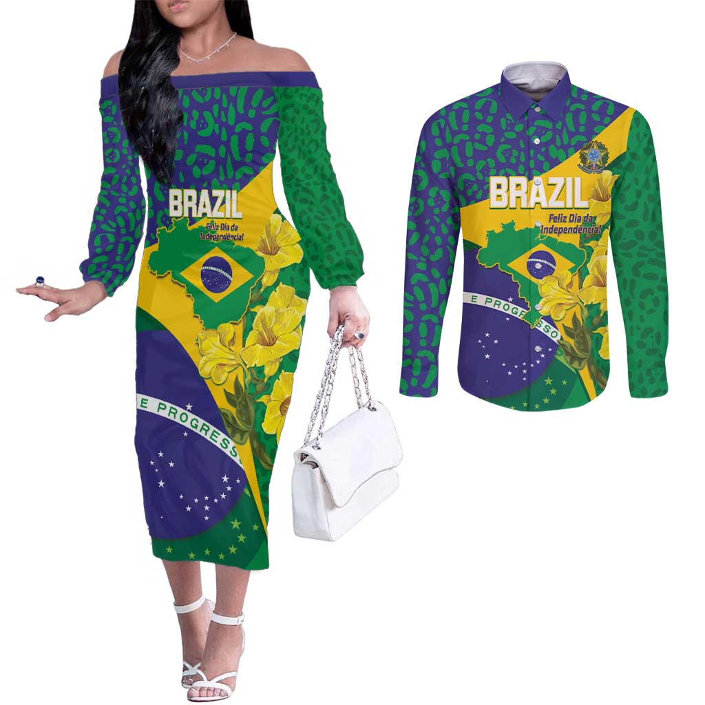 Brazil Independence Day Couples Matching Off The Shoulder Long Sleeve Dress and Long Sleeve Button Shirt Ordem e Progresso Map With Golden Trumpet - Wonder Print Shop