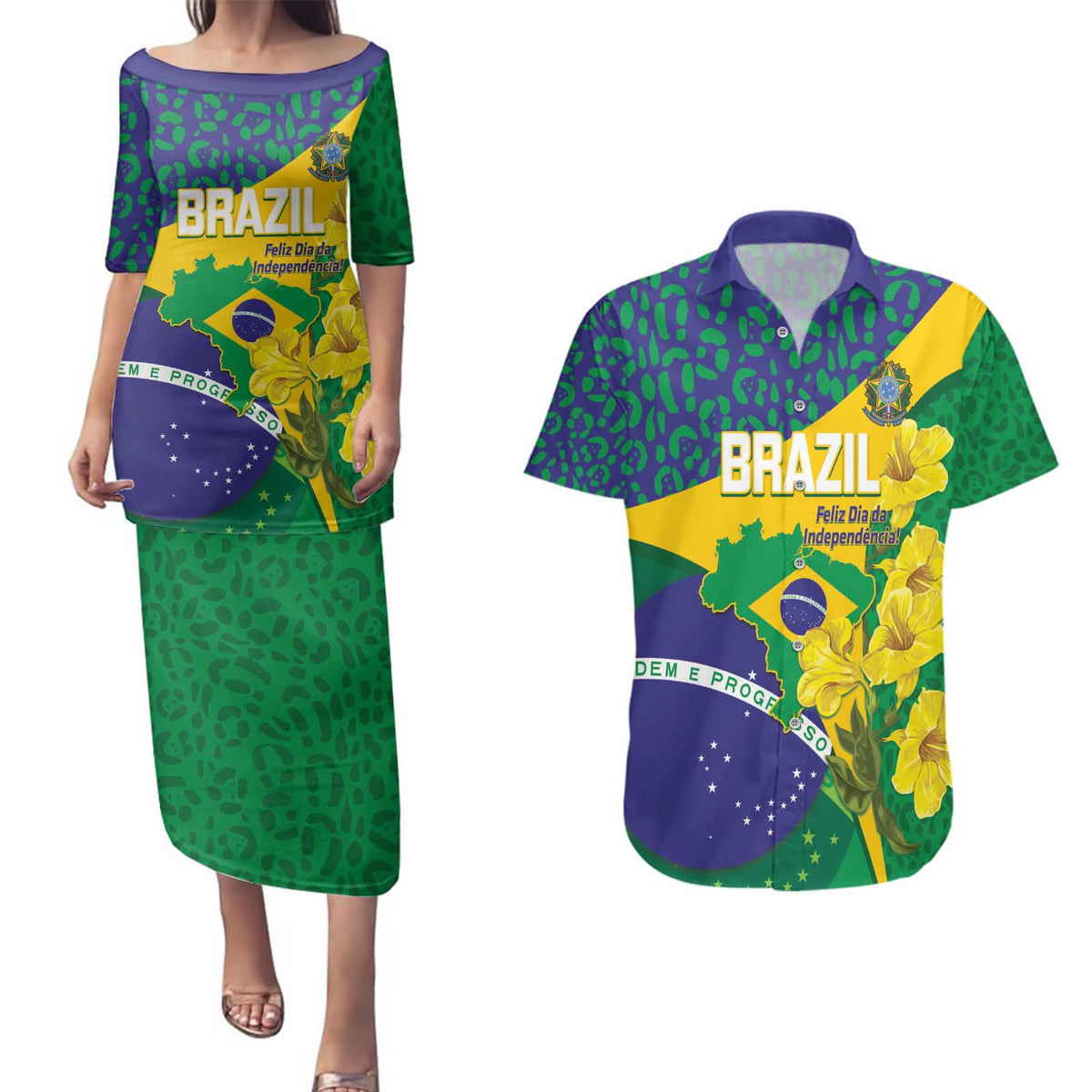Brazil Independence Day Couples Matching Puletasi and Hawaiian Shirt Ordem e Progresso Map With Golden Trumpet - Wonder Print Shop