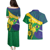 Brazil Independence Day Couples Matching Puletasi and Hawaiian Shirt Ordem e Progresso Map With Golden Trumpet - Wonder Print Shop