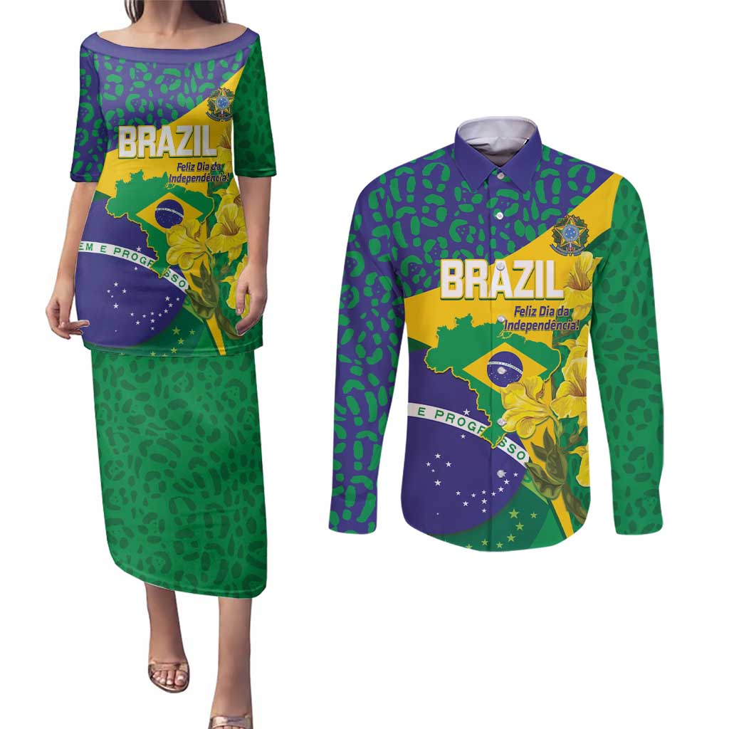 Brazil Independence Day Couples Matching Puletasi and Long Sleeve Button Shirt Ordem e Progresso Map With Golden Trumpet - Wonder Print Shop