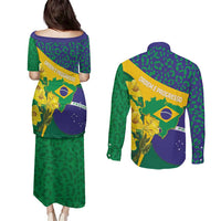 Brazil Independence Day Couples Matching Puletasi and Long Sleeve Button Shirt Ordem e Progresso Map With Golden Trumpet - Wonder Print Shop