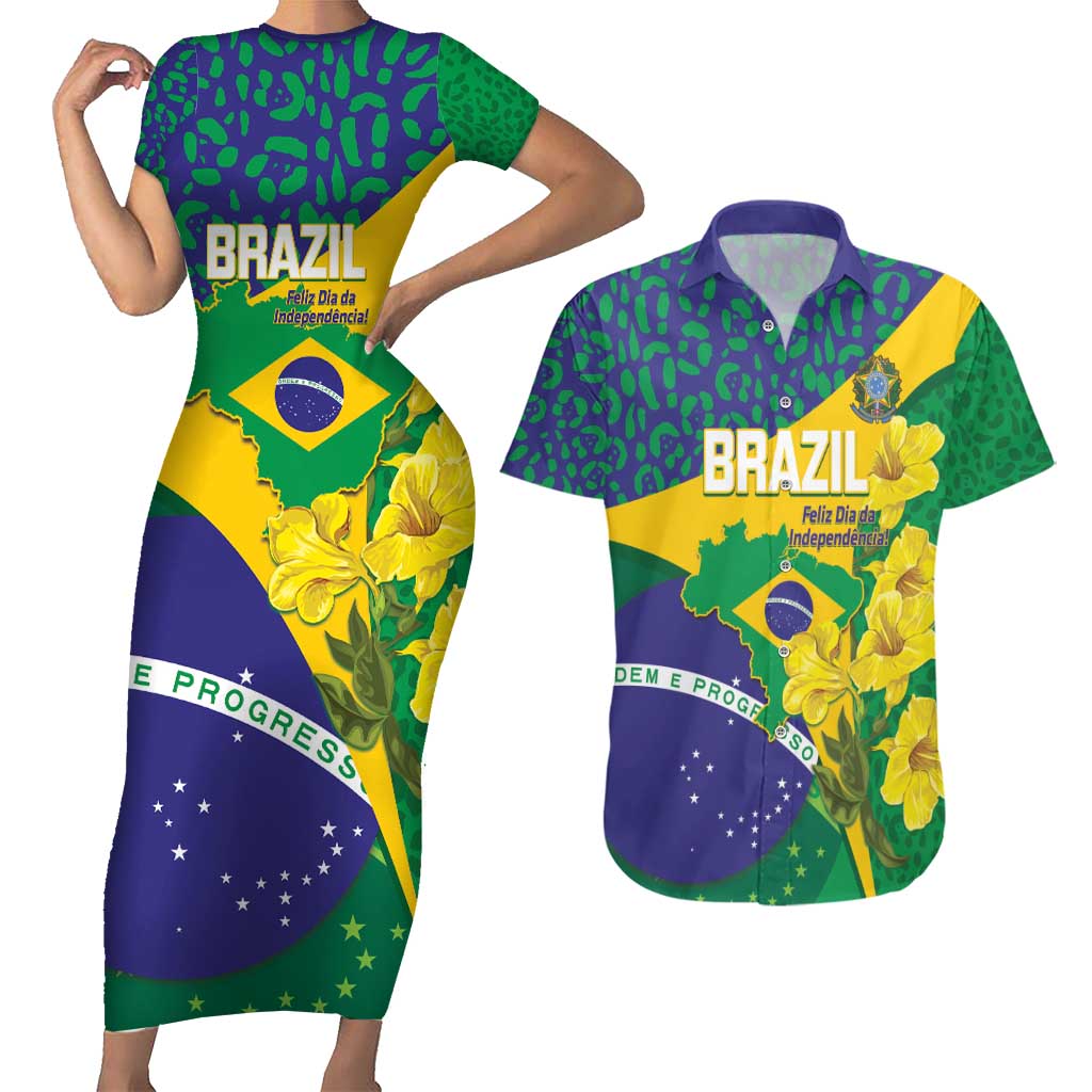 Brazil Independence Day Couples Matching Short Sleeve Bodycon Dress and Hawaiian Shirt Ordem e Progresso Map With Golden Trumpet - Wonder Print Shop