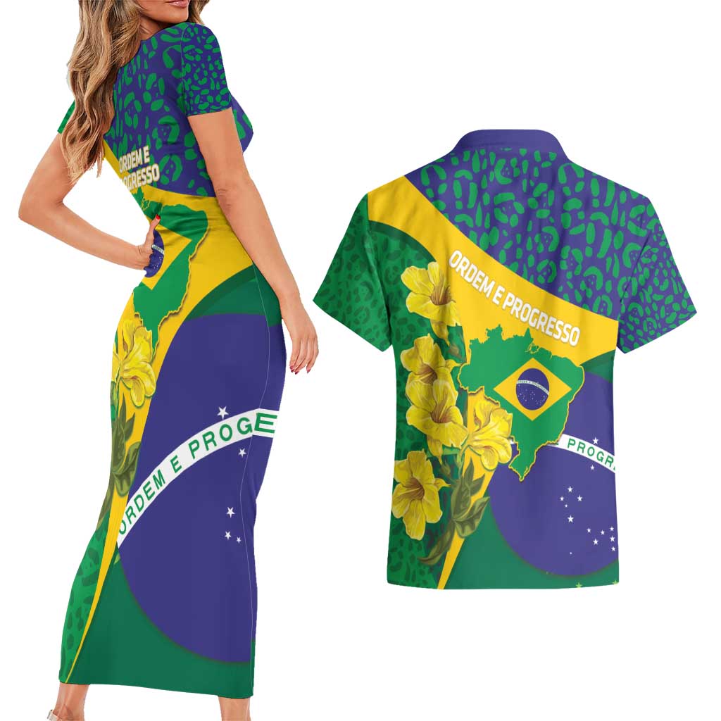 Brazil Independence Day Couples Matching Short Sleeve Bodycon Dress and Hawaiian Shirt Ordem e Progresso Map With Golden Trumpet - Wonder Print Shop