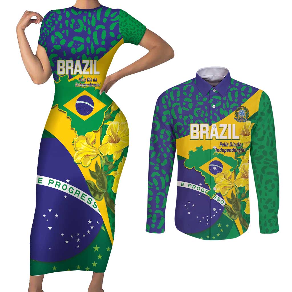 Brazil Independence Day Couples Matching Short Sleeve Bodycon Dress and Long Sleeve Button Shirt Ordem e Progresso Map With Golden Trumpet - Wonder Print Shop