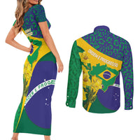 Brazil Independence Day Couples Matching Short Sleeve Bodycon Dress and Long Sleeve Button Shirt Ordem e Progresso Map With Golden Trumpet - Wonder Print Shop