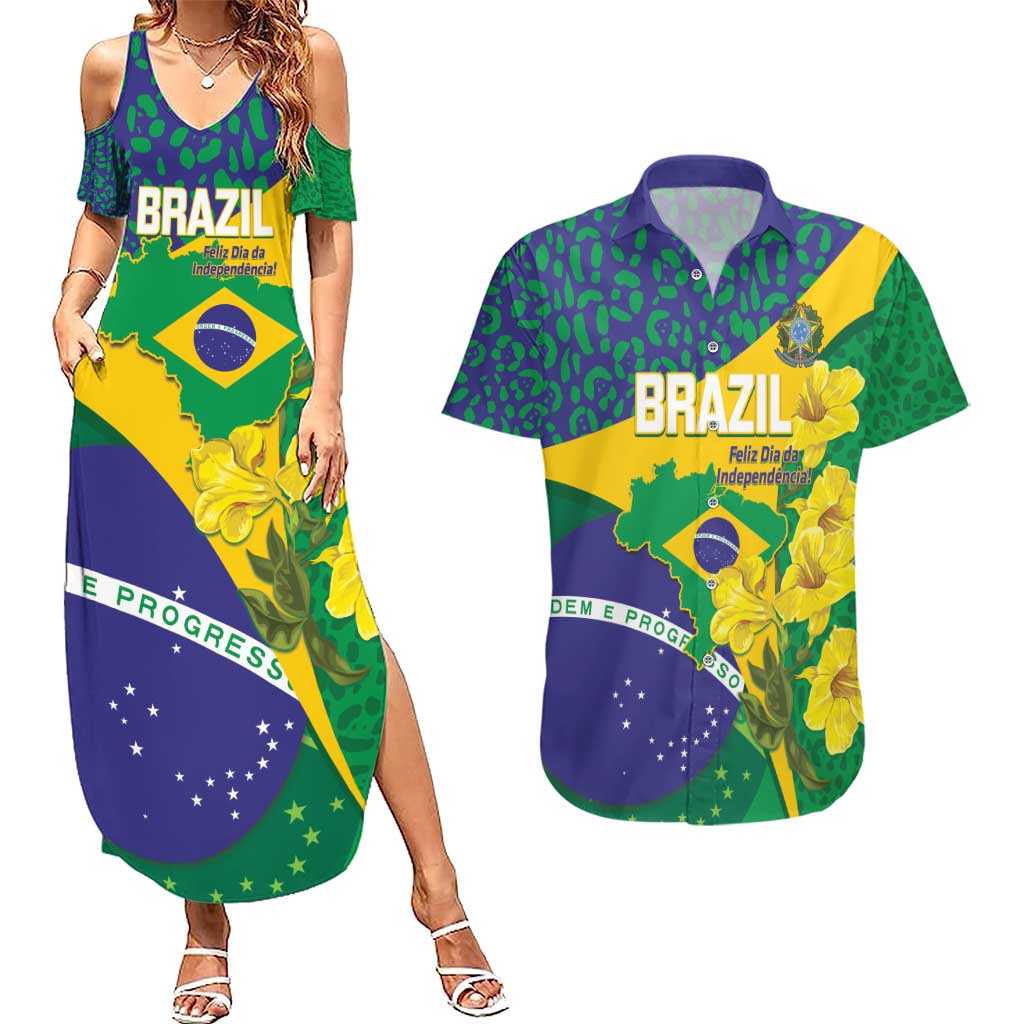 Brazil Independence Day Couples Matching Summer Maxi Dress and Hawaiian Shirt Ordem e Progresso Map With Golden Trumpet - Wonder Print Shop