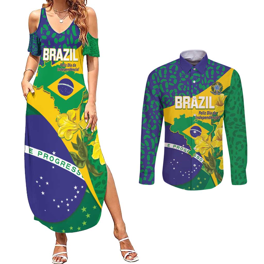 Brazil Independence Day Couples Matching Summer Maxi Dress and Long Sleeve Button Shirt Ordem e Progresso Map With Golden Trumpet - Wonder Print Shop