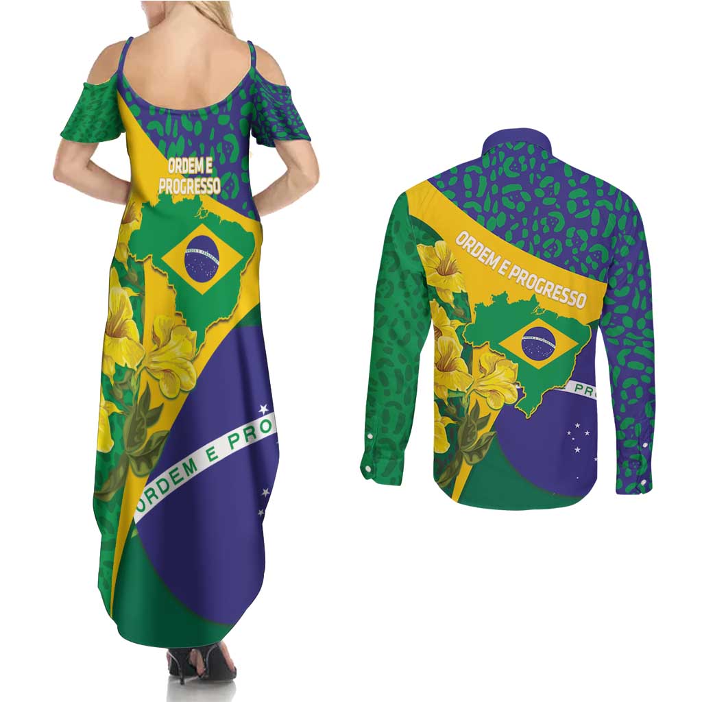 Brazil Independence Day Couples Matching Summer Maxi Dress and Long Sleeve Button Shirt Ordem e Progresso Map With Golden Trumpet - Wonder Print Shop