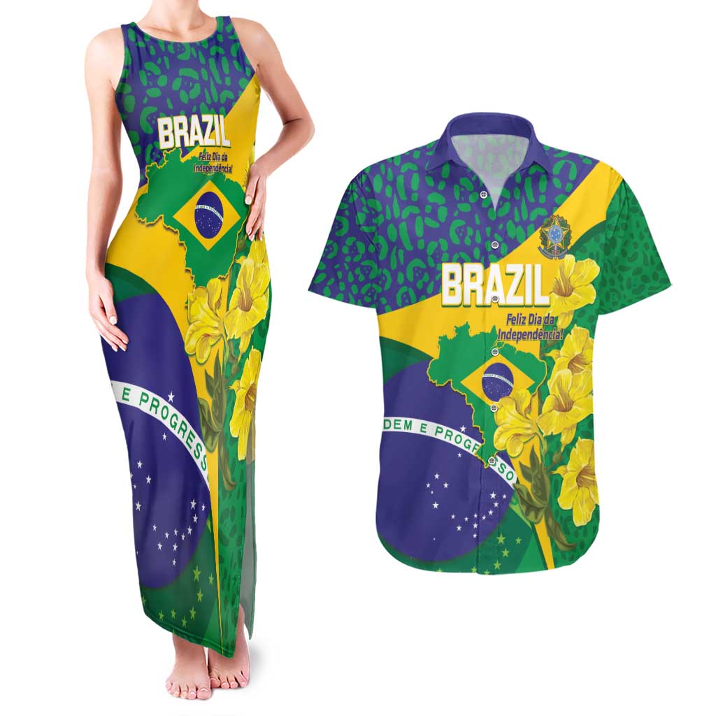 Brazil Independence Day Couples Matching Tank Maxi Dress and Hawaiian Shirt Ordem e Progresso Map With Golden Trumpet - Wonder Print Shop