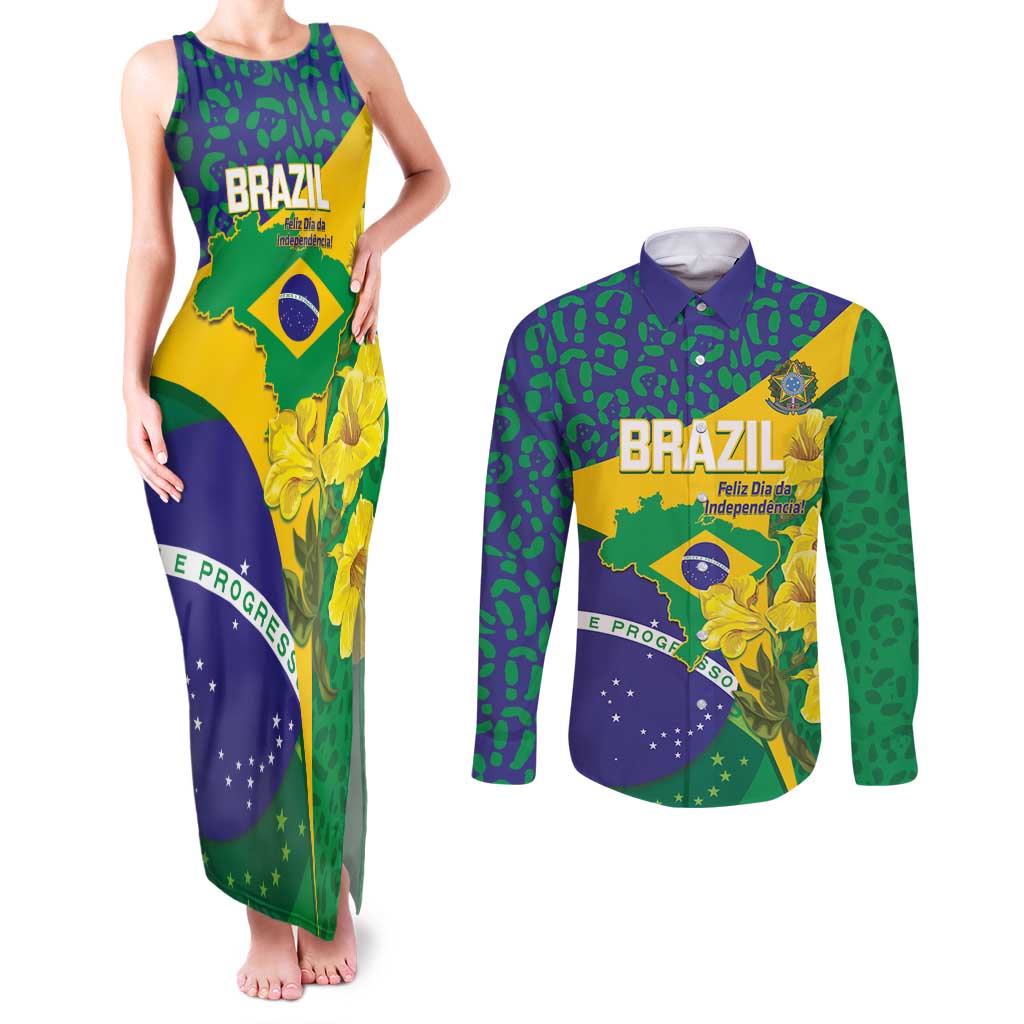 Brazil Independence Day Couples Matching Tank Maxi Dress and Long Sleeve Button Shirt Ordem e Progresso Map With Golden Trumpet - Wonder Print Shop
